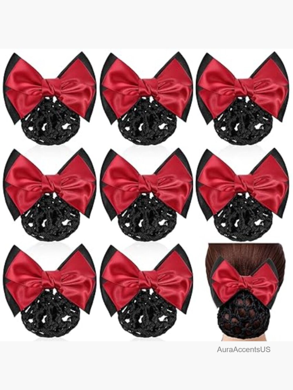 9 Pcs Bow Hair Snood Net Set with Satin Bows and Hairpins